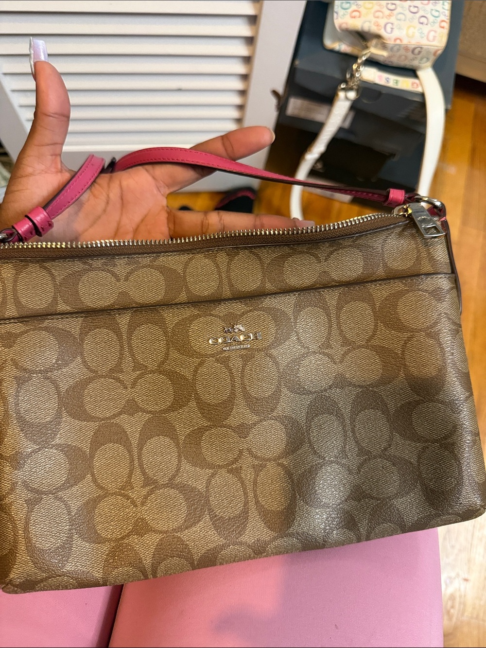 Coach Brown Signature Shoulder Bag with Pink Strap